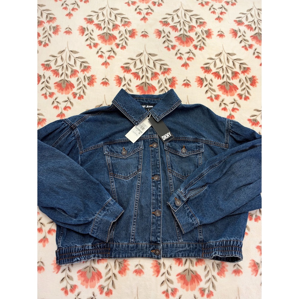 DKNY Jeans Women 1X Dark Wash Puff Sleeve Cropped Denim Jacket EP3D6HTN